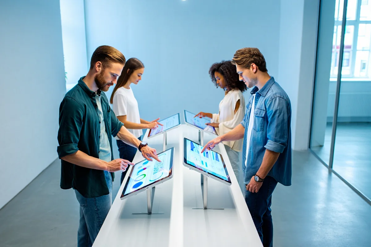 Consultation d’informations professionnelles dans un espace de travail moderne
